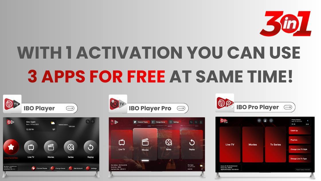 With 1 activation you can use 3 IBO apps for free at the same time: IBO Player, IBO Player Pro and IBO Pro Player
